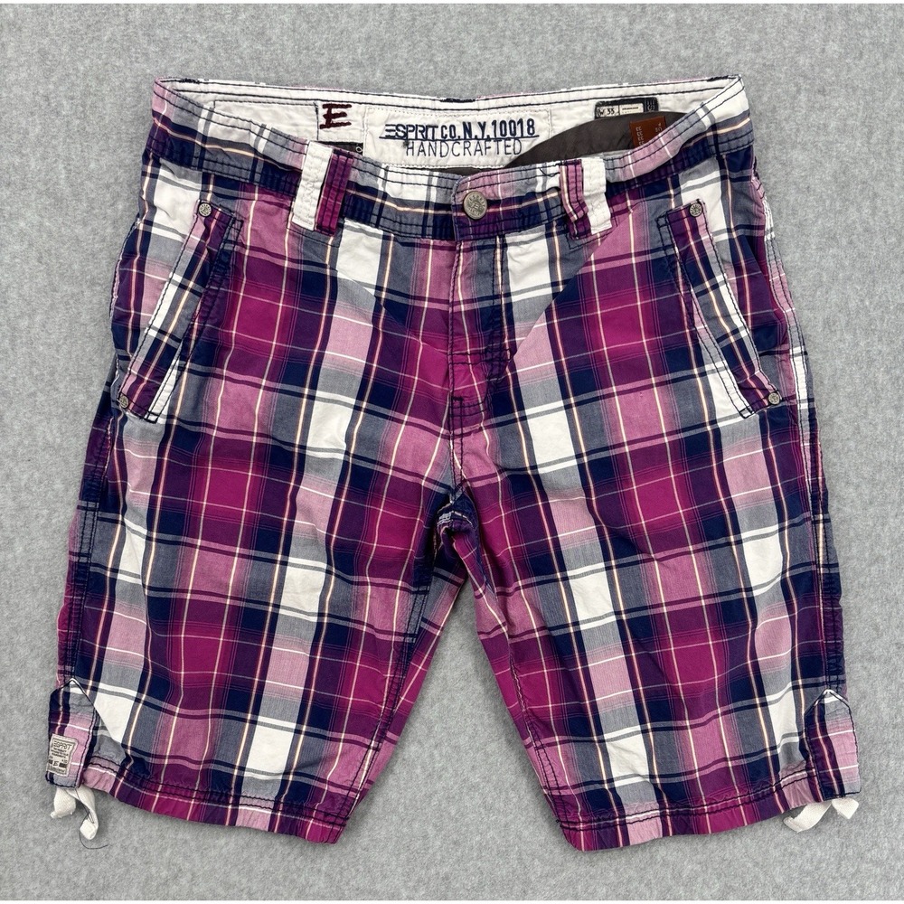 Esprit Mens W33 Plaid Cargo Shorts Pink Navy Cotton Drawstring Y2K